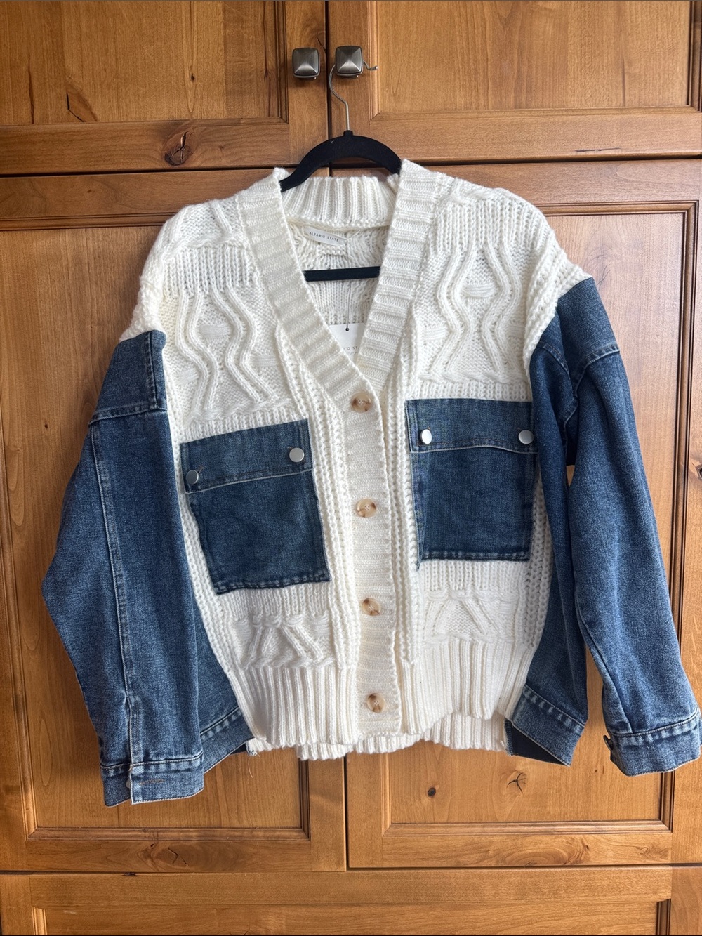 Altar'd State White Cable Knit & Blue Denim Patch Jean Jacket